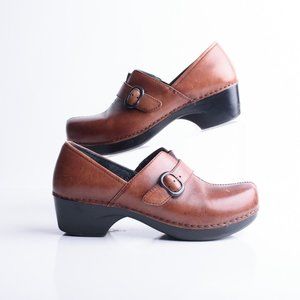 Dansko Womens Brown Leather Heeled Clogs Shoes Buckle Slip On US 6.5 EU 37